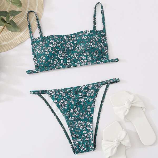 

Ditsy Floral Tanga Bikini Swimsuit, Green