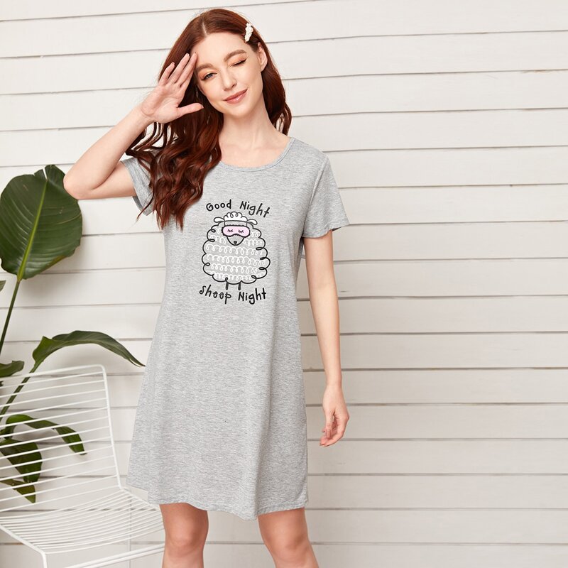 

Sheep And Slogan Graphic Nightdress, Grey