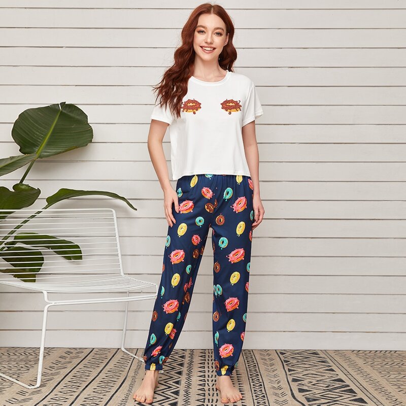 

Donuts Print Short Sleeve Pajama Set, Multicolor