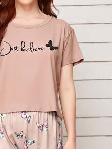 Conjunto de pijama con estampado de letra y mariposa - Rosa - Ver 3