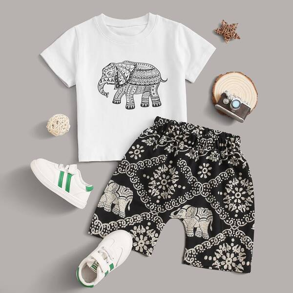 

Toddler Boys Elephant And Tribal Print Tee & Shorts, Black and white