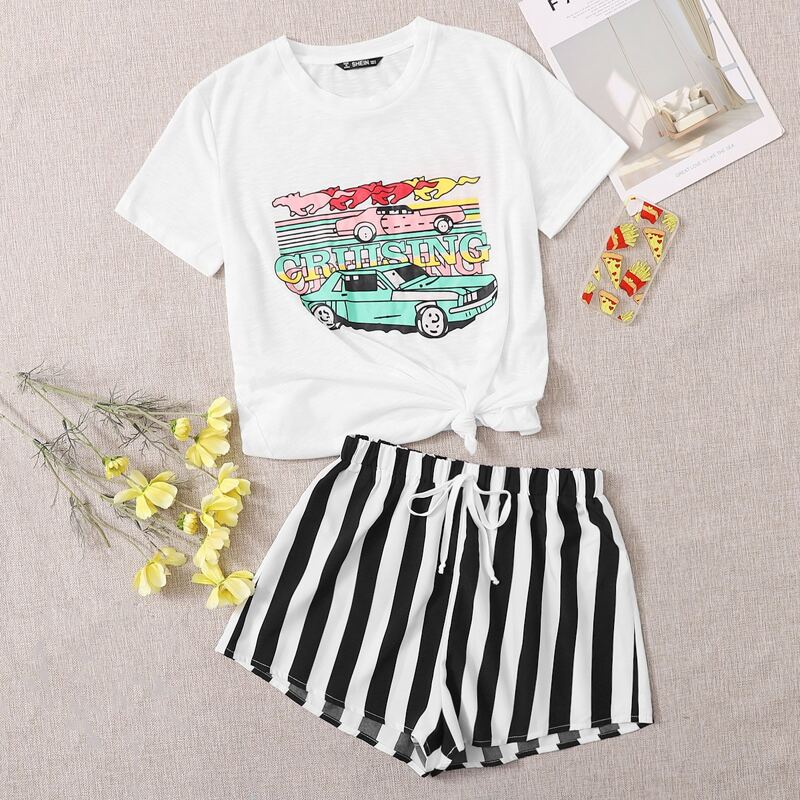 

Mustang Car Graphic Tee & Striped Short Set, Black and white