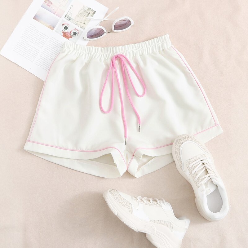 

Contrast Binding Drawstring Waist Track Shorts, White