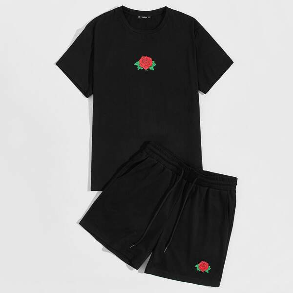 

Men Rose Print Tee and Slant Pocket Shorts Set, Black