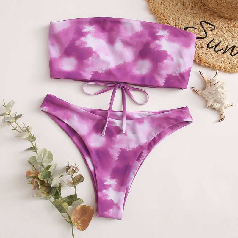 

Tie Dye Lace-up Bandeau Bikini Swimsuit, Purple