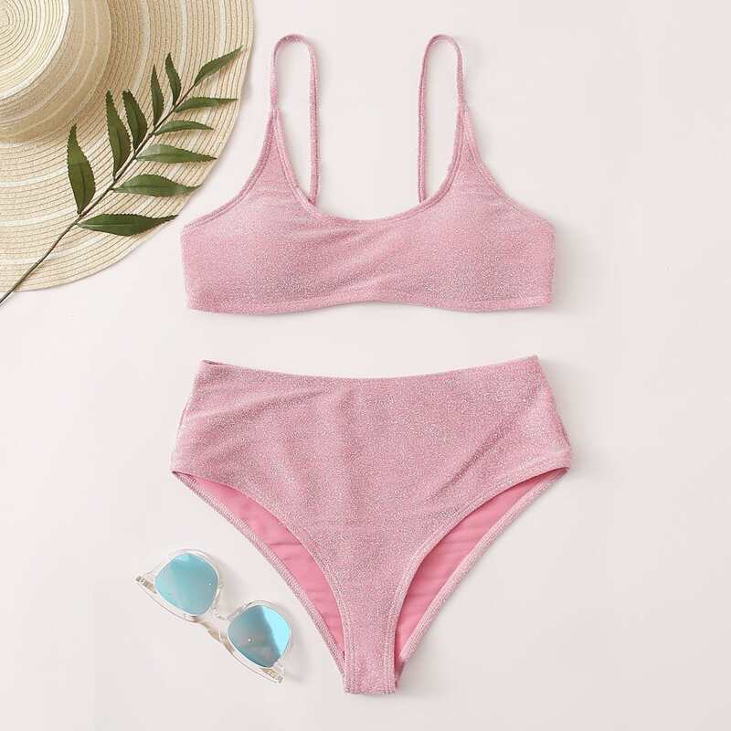 

Glitter High Waisted Bikini Swimsuit, Pink