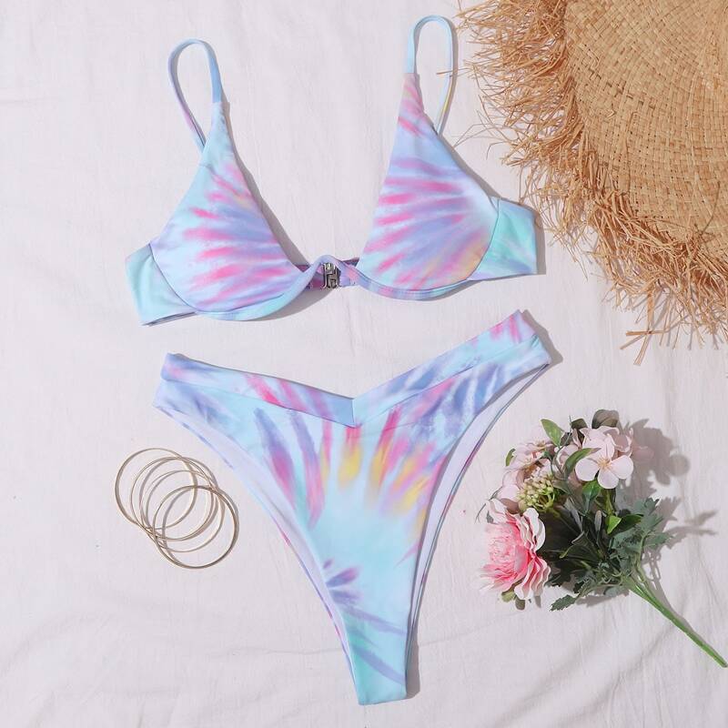 

Tie Dye Underwire High Leg Bikini Swimsuit, Multicolor