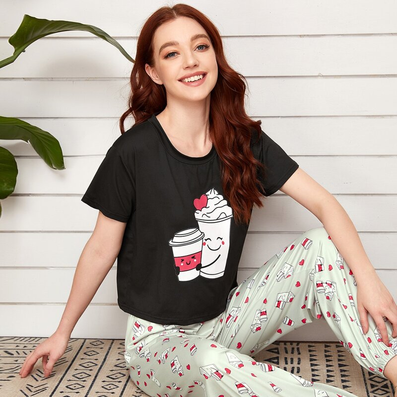 

Coffee Cup And Heart Print Pajama Set, Multicolor