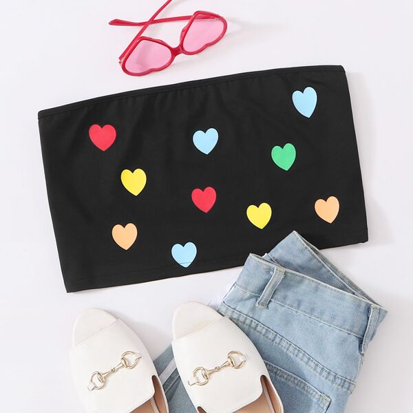 

Plus Heart Print Tube Top, Black