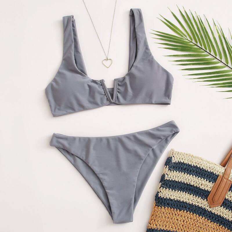 

Solid V Wired Bikini Swimsuit, Grey