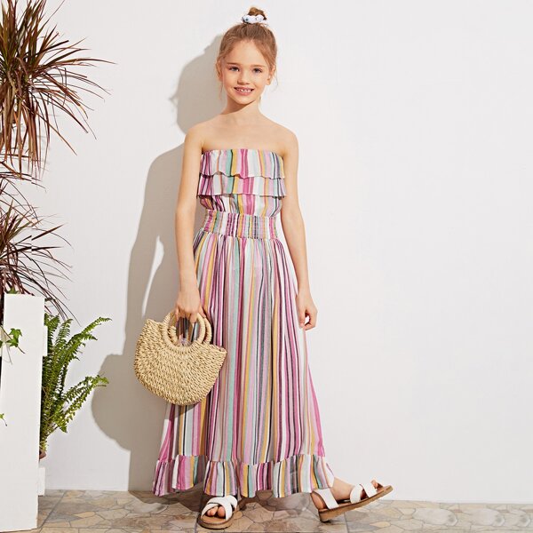 

Girls Shirred Waist Layered Ruffle Striped Tube Dress, Multicolor