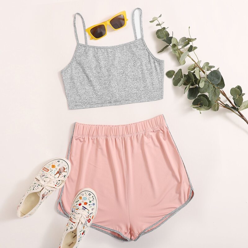 

Two Tone Crop Cami Top With Track Shorts, Multicolor