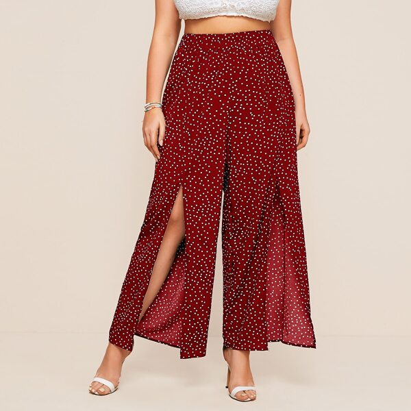 

Plus Polka Dot Split Thigh Pants, Red