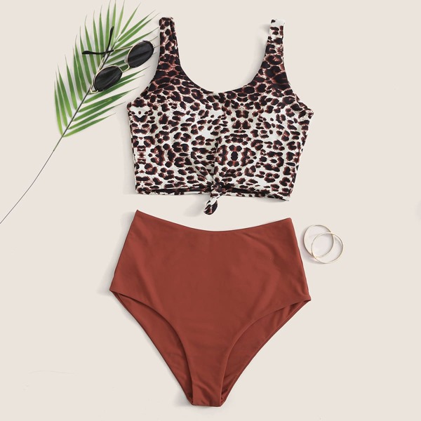 

Leopard Knot Hem Bikini Swimsuit, Multicolor