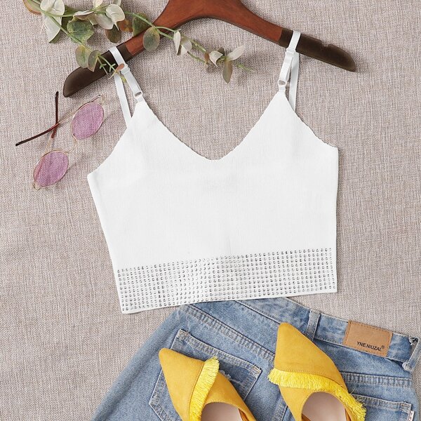 

Rhinestone Detail Crop Cami Top, White