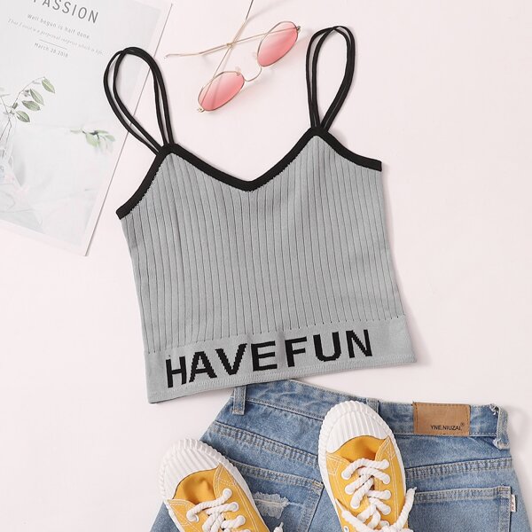 

Letter Graphic Embroidery Rib-knit Top, Grey