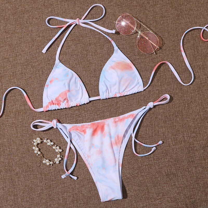 

Tie Dye Triangle Tie Side Bikini Swimsuit, White