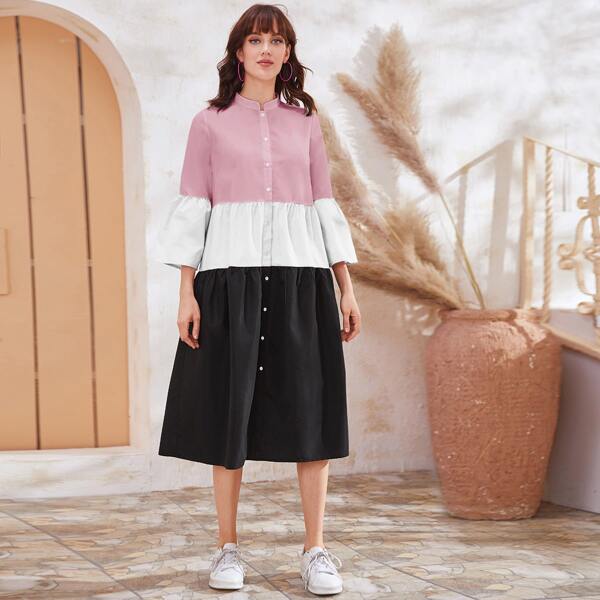 

Flounce Sleeve Button Front Color Block Smock Dress, Multicolor