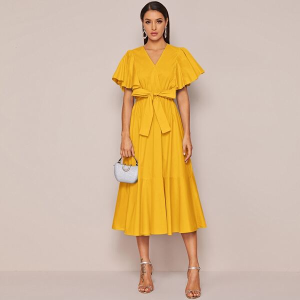 

Surplice Neck Butterfly Sleeve Belted Dress, Yellow