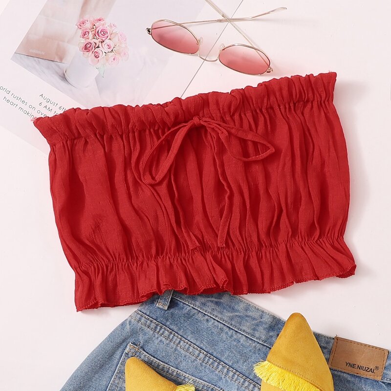 

Tie Front Frill Trim Bandeau Top, Red