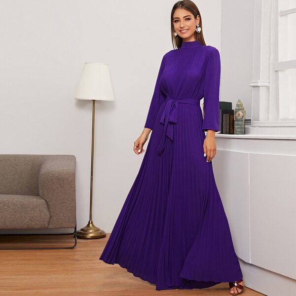 

Mock Neck Belted Pleated Culottes Jumpsuit, Violet purple
