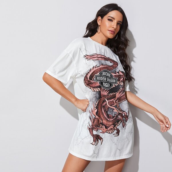 

Letter and Dragon Print Drop Shoulder Dress, White