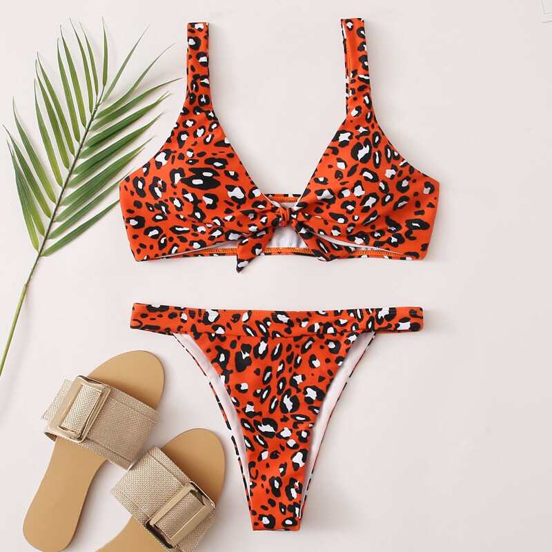 

Leopard Knot Front Tanga Bikini Swimsuit, Multicolor