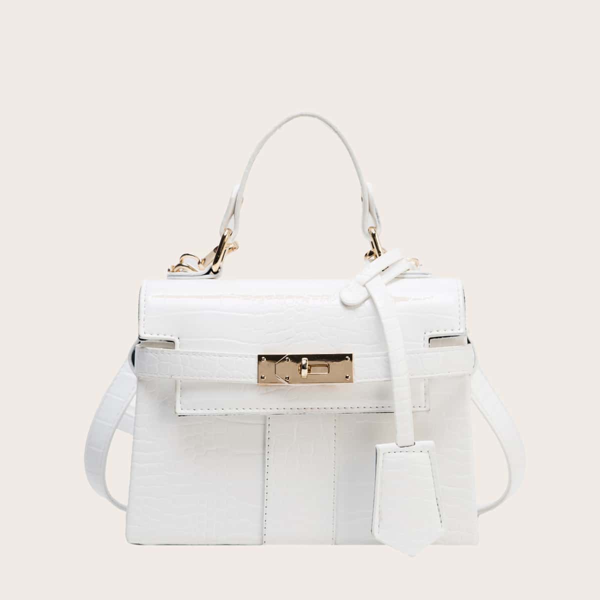 

Croc Embossed Flap Satchel Bag, White