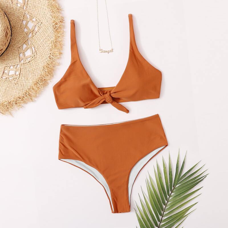 

Knot Front High Waisted Bikini Swimsuit, Orange