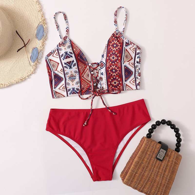 

Tribal Lace-up Front Bikini Swimsuit, Red