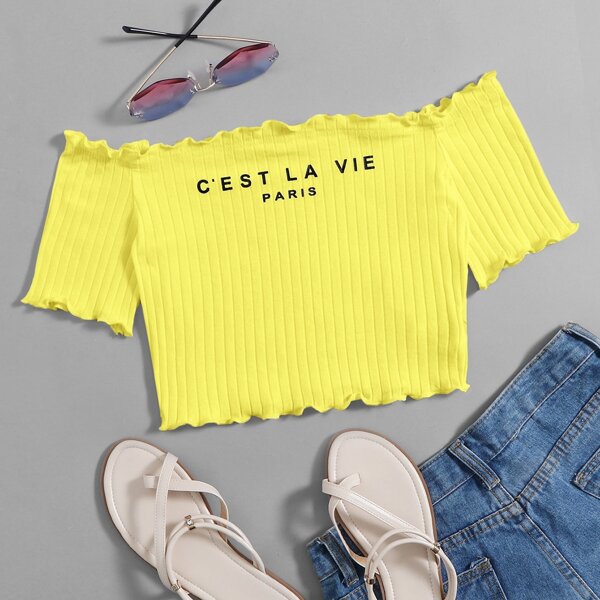 

Lettuce Trim Slogan Graphic Rib-knit Bardot Tee, Yellow