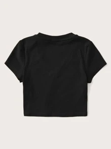SHEIN EZwear V Neck Cap Sleeve Crop Tee - Black - View 2