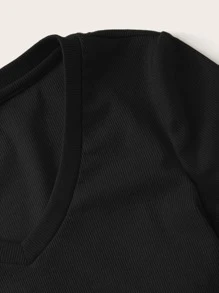 SHEIN EZwear V Neck Cap Sleeve Crop Tee - Black - View 3