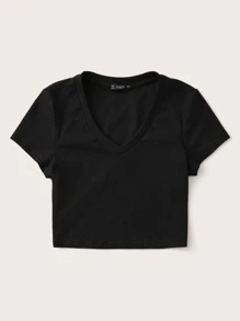 SHEIN EZwear V Neck Cap Sleeve Crop Tee - Black - View 5