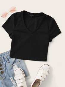 SHEIN EZwear V Neck Cap Sleeve Crop Tee - Black - View 1