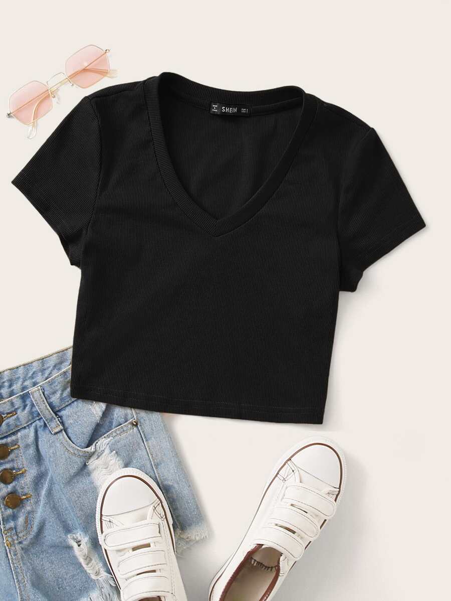 SHEIN EZwear v領帽袖短版t恤 - 黑色 - 查看 1