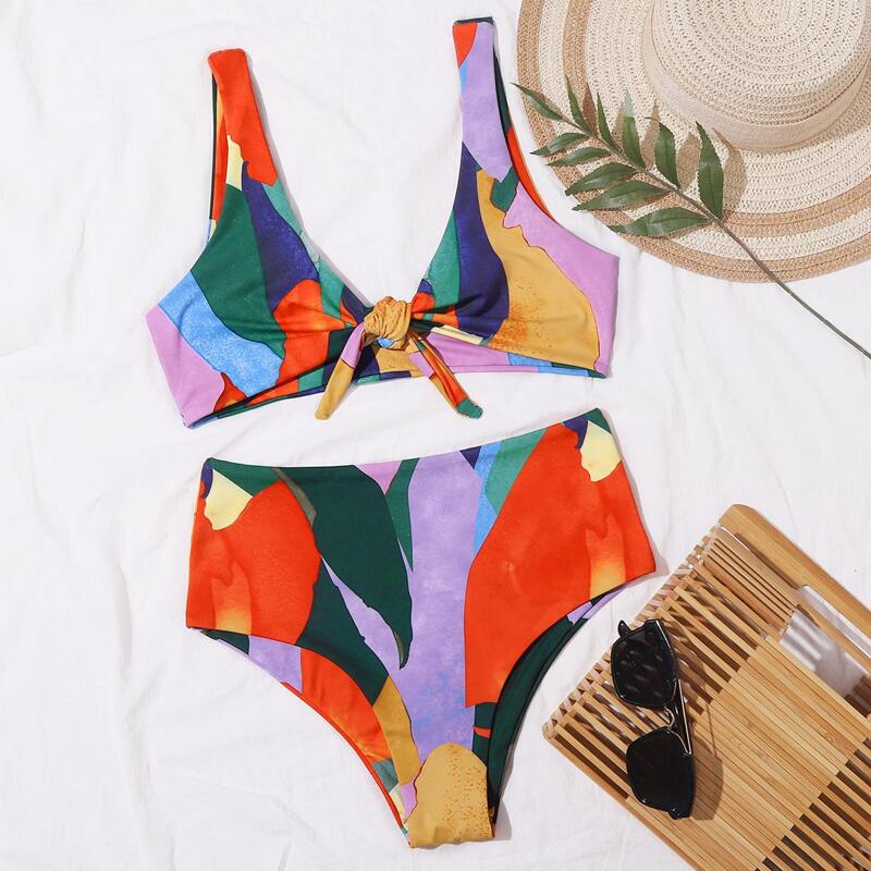 

Allover Graphic Knot Front Bikini Swimsuit, Multicolor