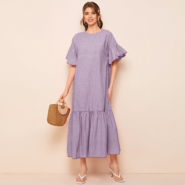 

Flounce Sleeve Gingham Smock Dress, Purple