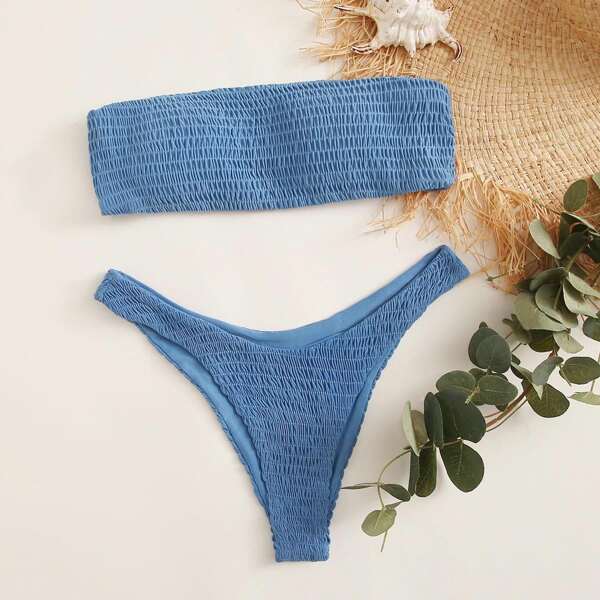 

Smocked Bandeau High Cut Bikini Swimsuit, Blue