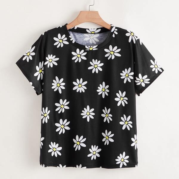 

Plus Floral Print Round Neck T-shirt, Black