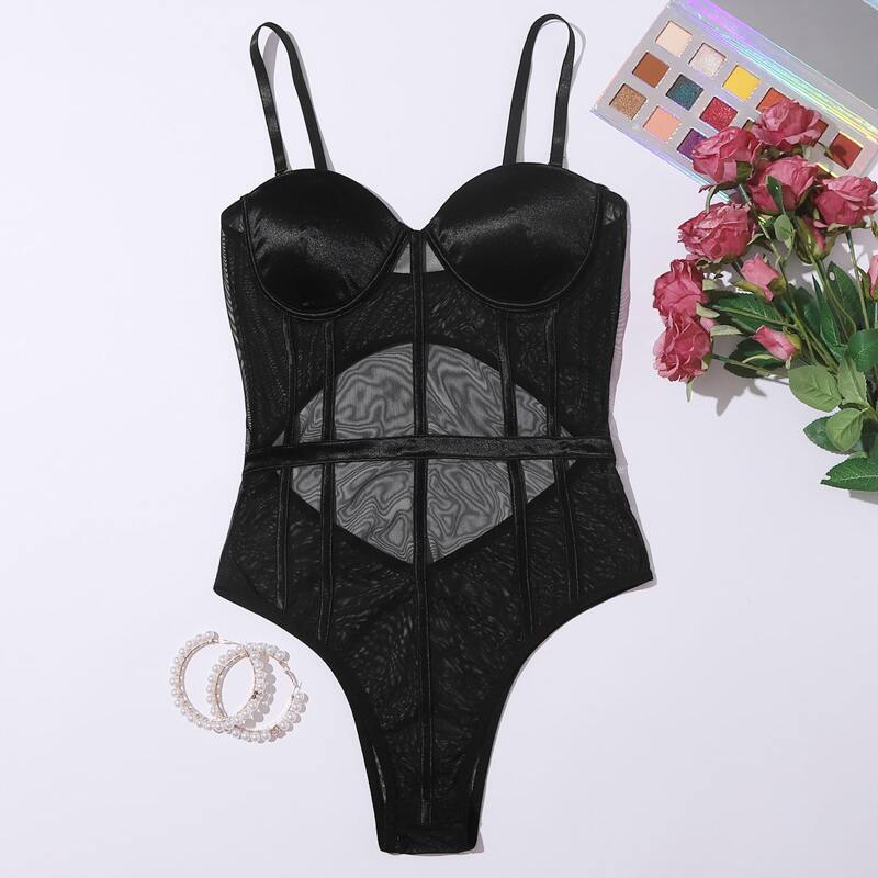

Sheer Mesh Teddy Bodysuit, Black