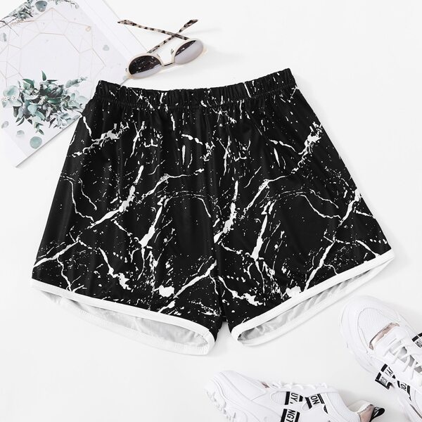 

Plus Marble Print Elastic Waist Shorts, Black