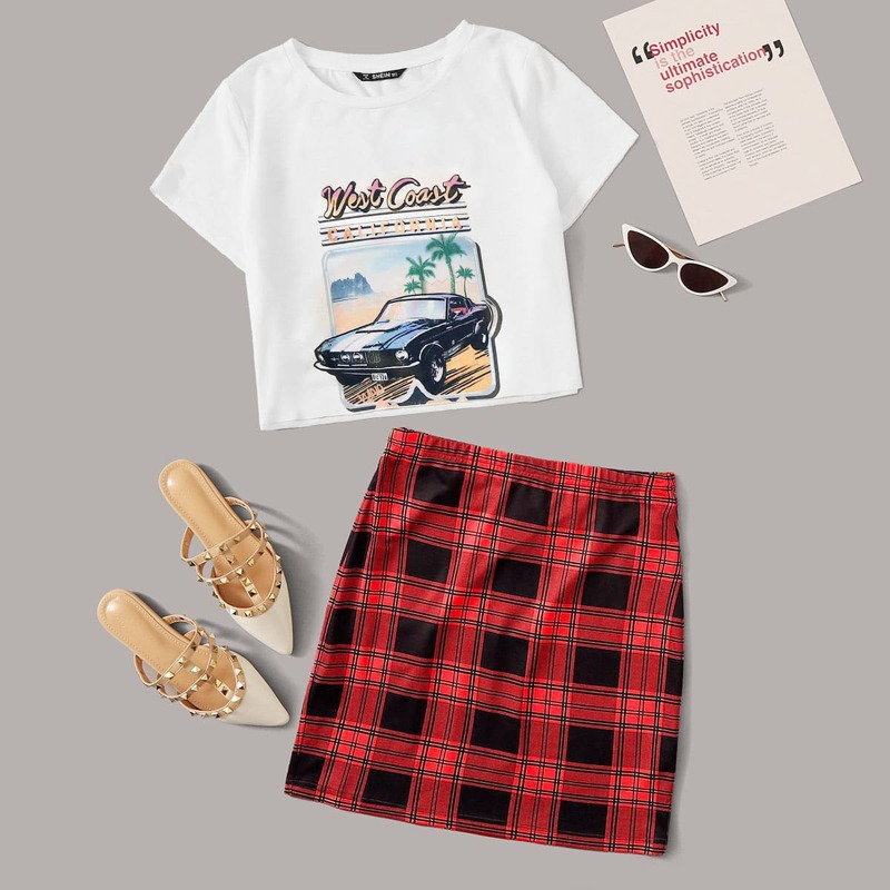 

Graphic Tee & Plaid Skirt Set, Multicolor