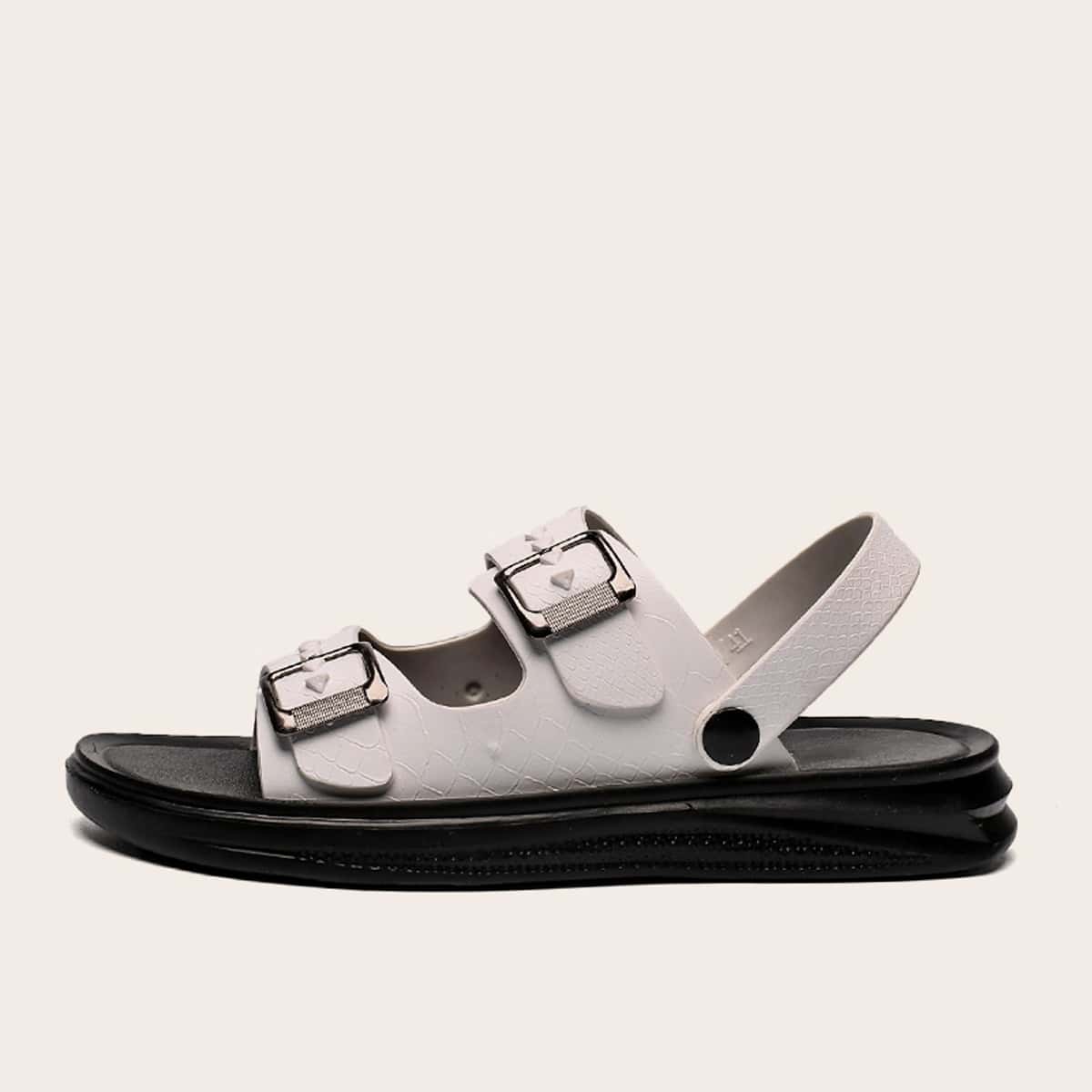 

Guys Buckle Decor Snakeskin Embossed Sandals, White