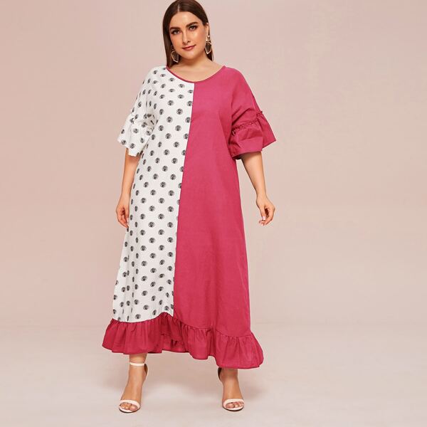 

Plus Polka Dot Spliced Flounce Sleeve Babydoll Dress, Multicolor