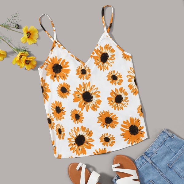 

Double V-neck Sunflower Cami Top, White
