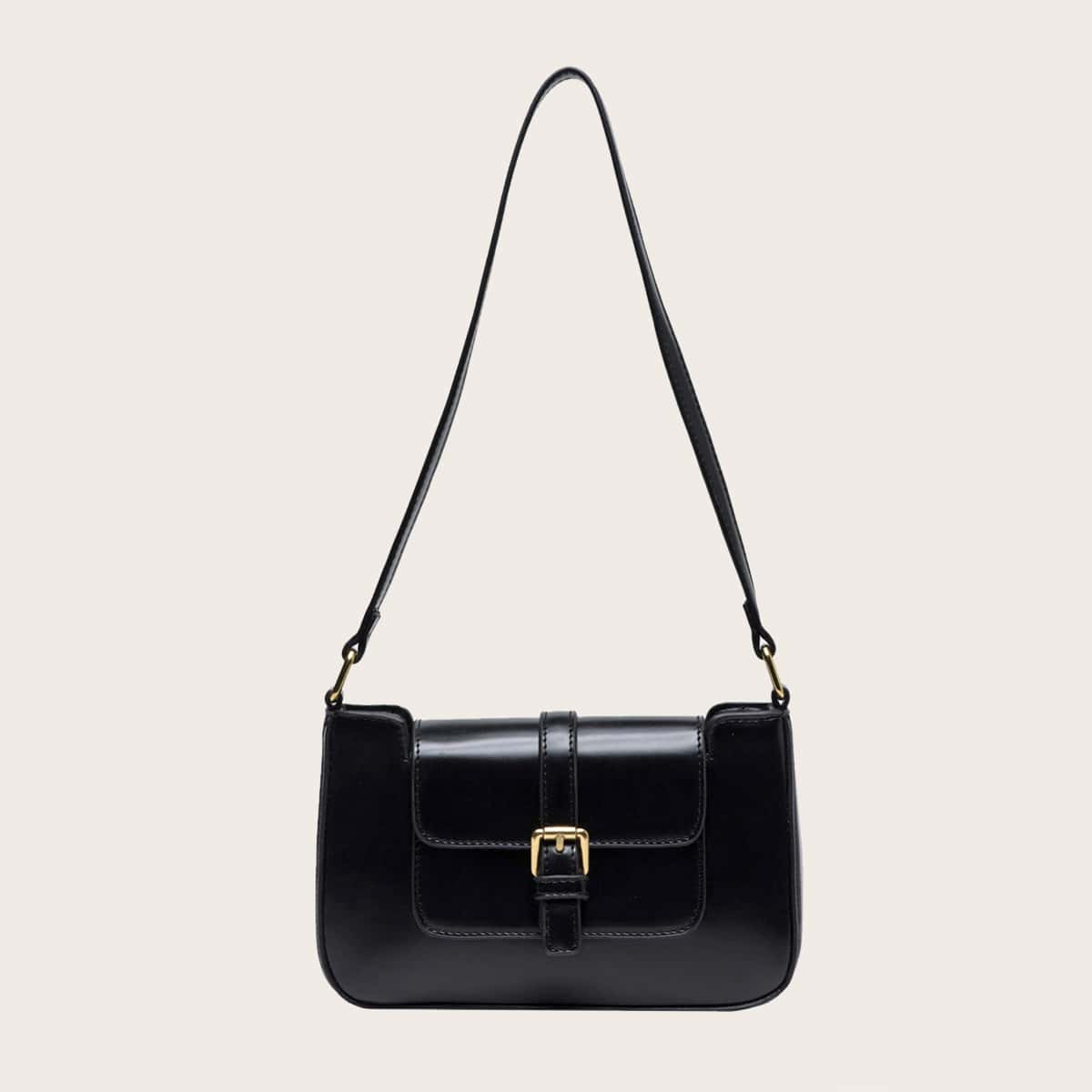 

Buckle Decor Flap Tote Bag, Black