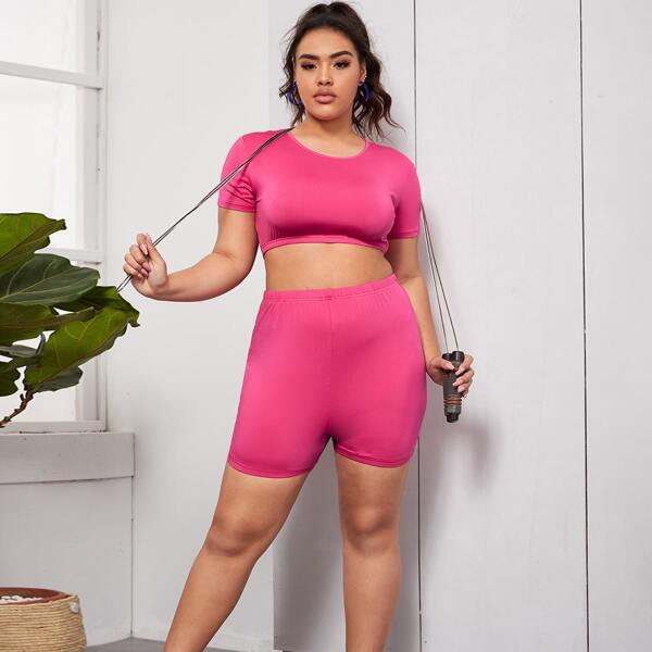 

Plus Slim Fit Crop Tee & Biker Shorts, Pink