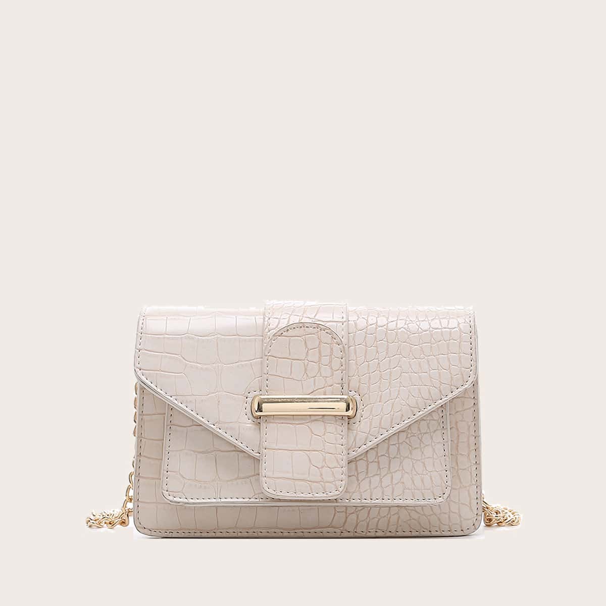 

Cross Embossed Flap Chain Crossbody Bag, Beige