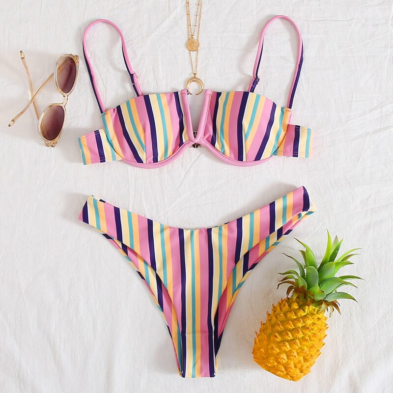 

Striped V Wired Underwire Bikini Swimsuit, Pink